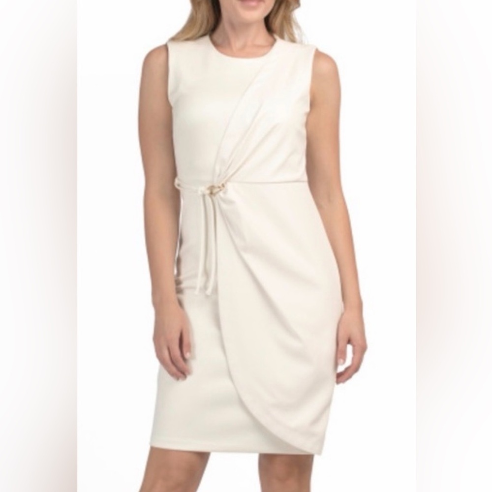 💚🌼NWT CALVIN KLEIN CALVIN KLEIN Mixed Media Midi Sheath Elegant White Dress
